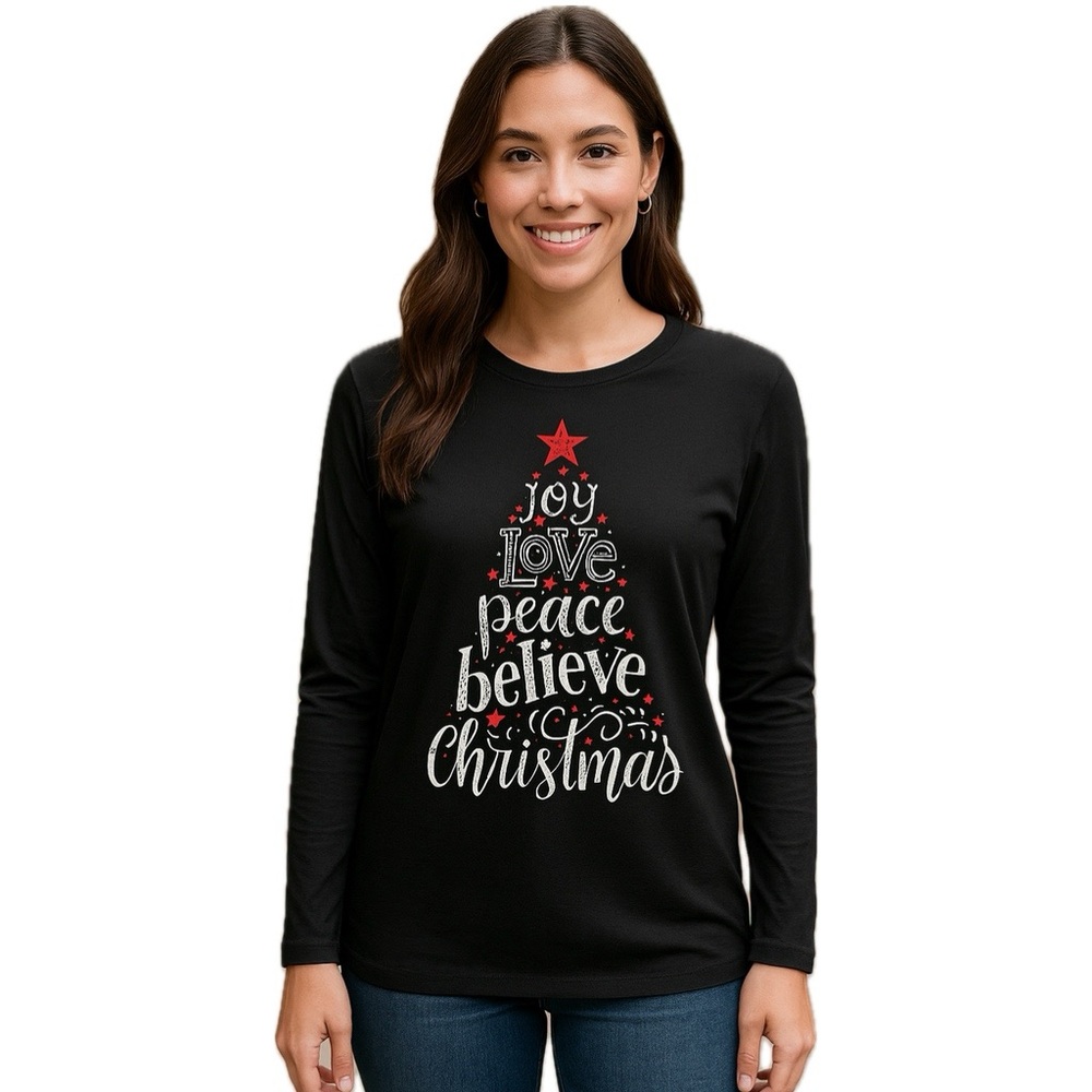 NEW Long Sleeve Tee Joy Love Peace Believe Christmas Tree Stars Black Small S